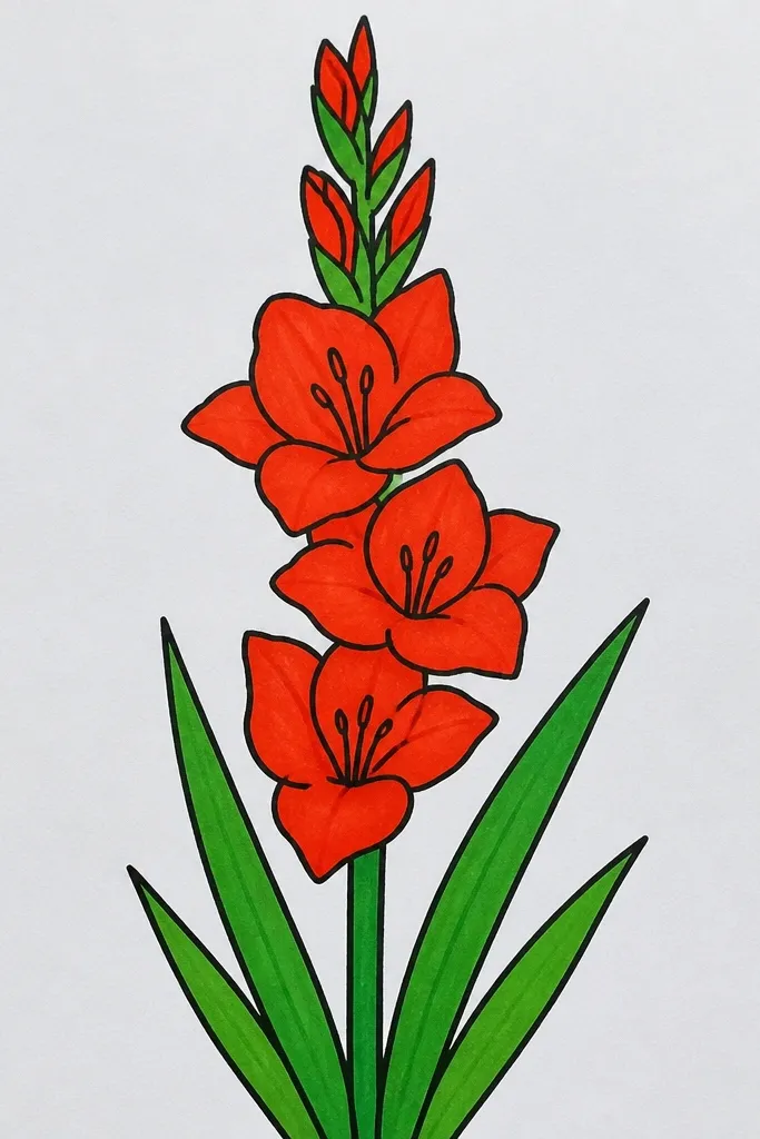 A gladiolus drawn with thick black outlines and strong, flat marker color blocks in purple and yellow with a clear throat stripe.
