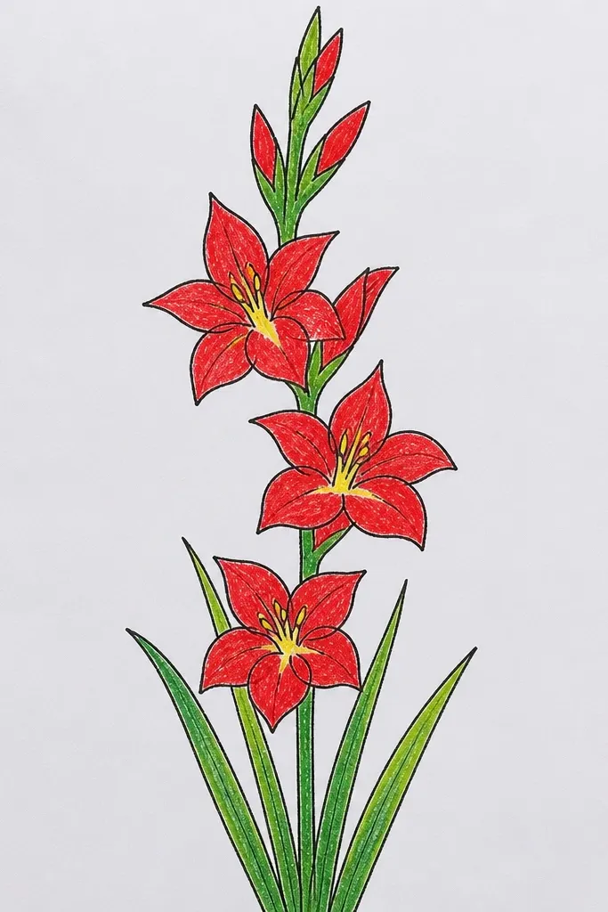 A gladiolus drawing where each petal ends in a tiny notch or beak-like point; the spike is straight and the leaves are simple blades.