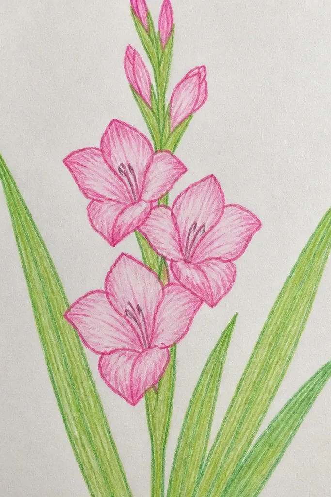 A gladiolus sketch where each petal has two or three short side vein lines running from the throat toward the tip; leaves are plain.