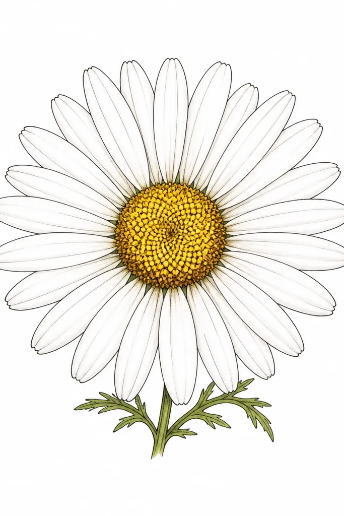 A single oxeye daisy head centered on white paper, with a small dark yellow-brown center ring and thin white petals outlined in pen, plus a few short leaf marks at the bottom.