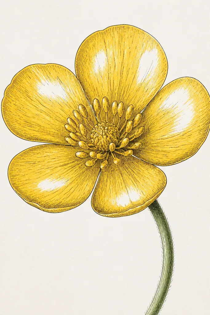 A buttercup flower with five thick rounded petals drawn in pen, glossy highlights left uncolored, and a soft green stem curving upward.
