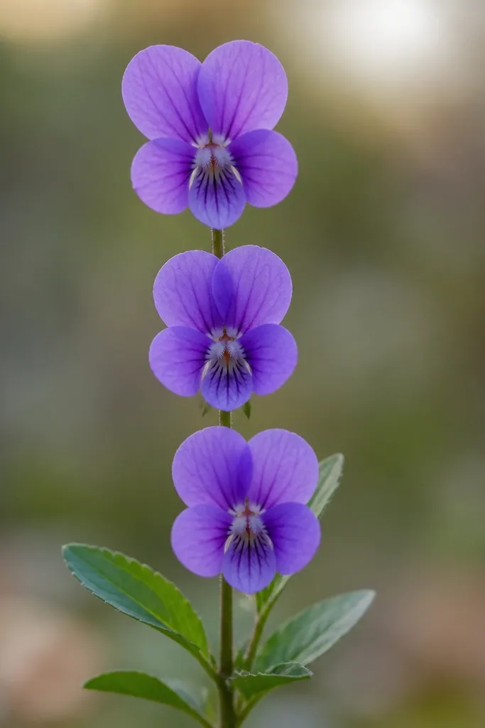Three violet blossoms stacked along a single stem, each with a rounded top petal and two smaller side petals, with light purple shading and small green leaves.