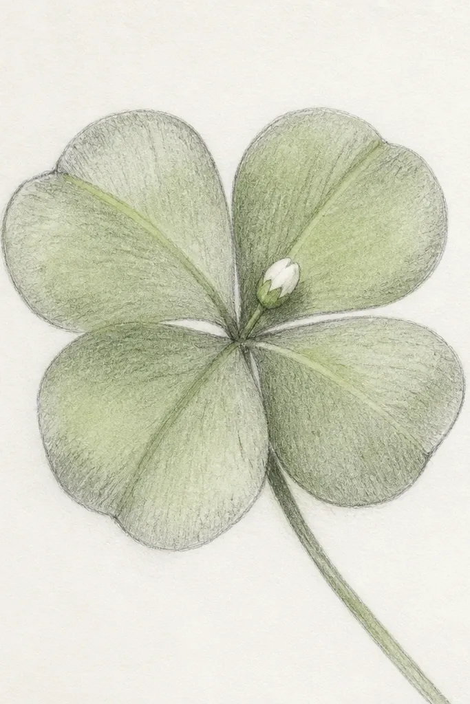 A four-leaf clover drawn in pencil with a light green wash, plus one tiny wildflower bud dot near the center.