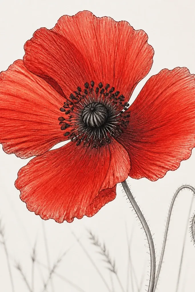 A red wild poppy with four main petals drawn in pen, each petal having wavy, scalloped edges, and a dark center with thin filament lines.