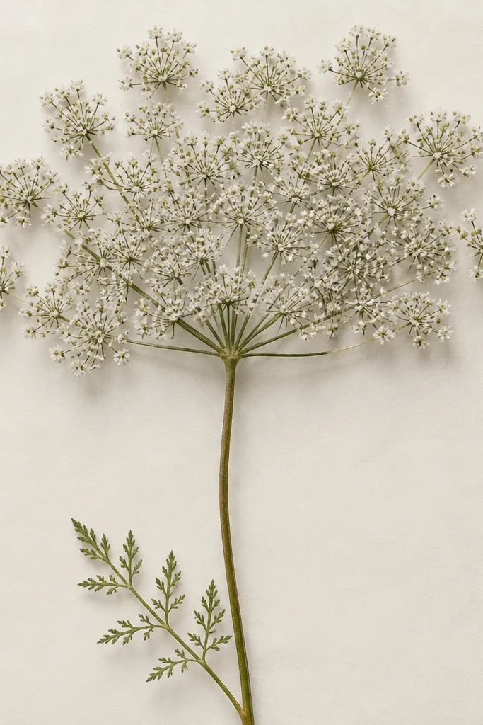 A flat lace-like wild flower head made of tiny dots and short leafy lines, with a thin stem and delicate leaf at the base.