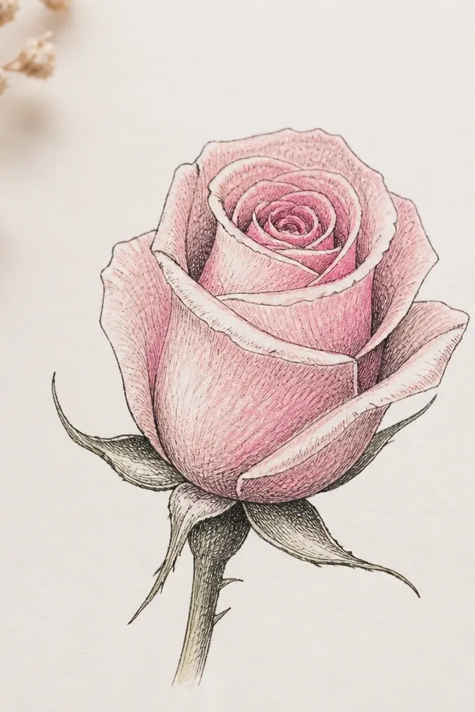 A small rosebud in pen and pencil with layered petals drawn as curved loops around a tight center, shaded with pale pink.