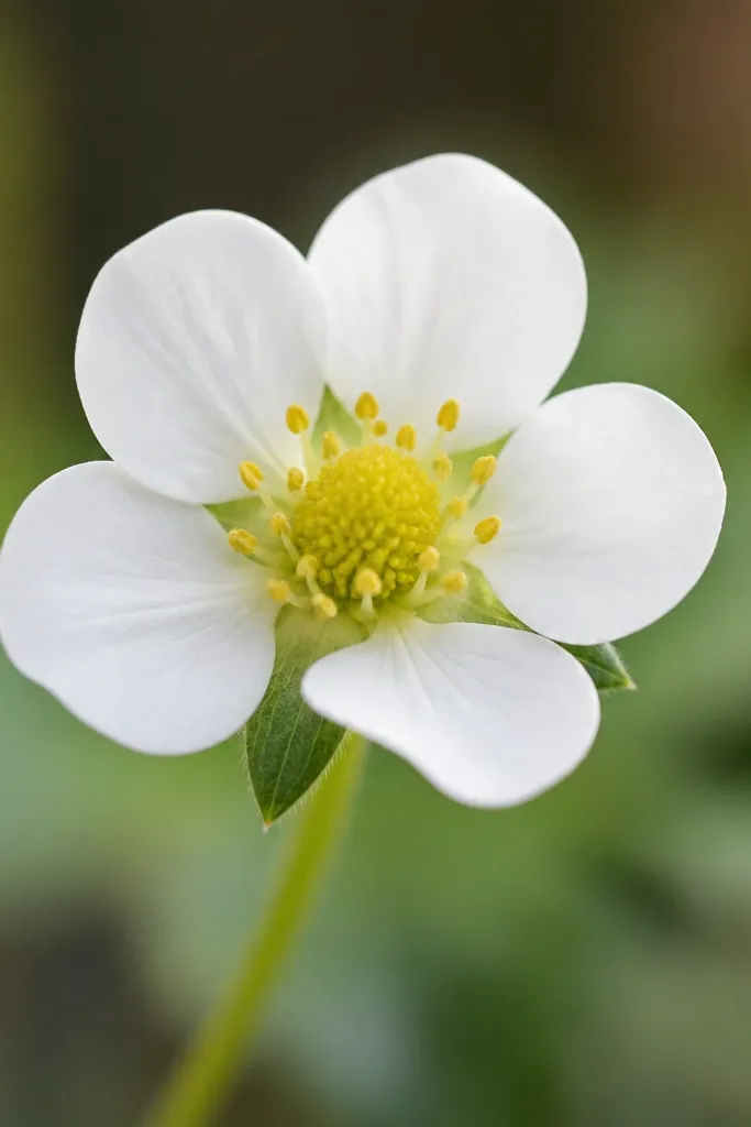 A strawberry flower head with five rounded petals, a small central cluster, and a tiny green calyx at the base on a short stem.