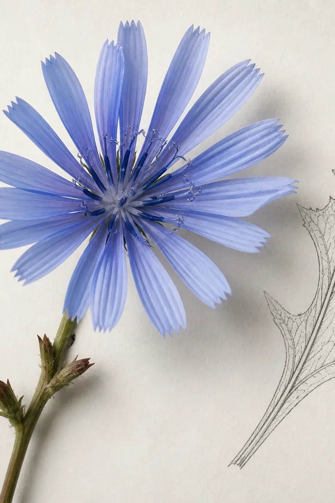 A blue wild chicory flower with a dark center and thin narrow petals radiating outward, plus a small leaf sketch beside it.