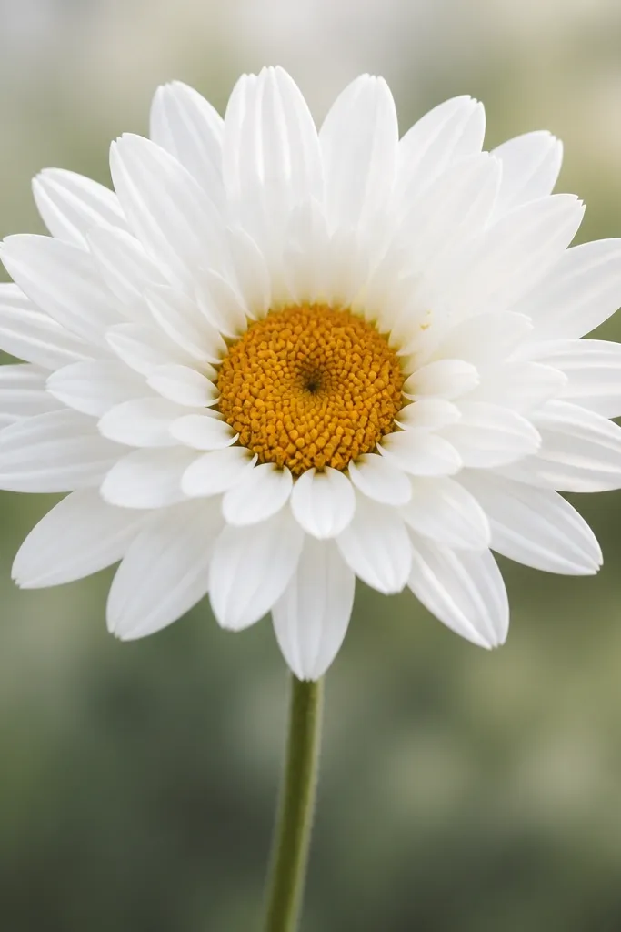 A daisy-style flower where outer petals are larger and inner petals are slightly smaller, with a yellow-brown center and a soft green stem.