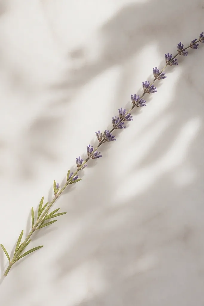 A long lavender sprig drawn with many small vertical bud marks along a curved stem, with muted purple tint and tiny leaves.