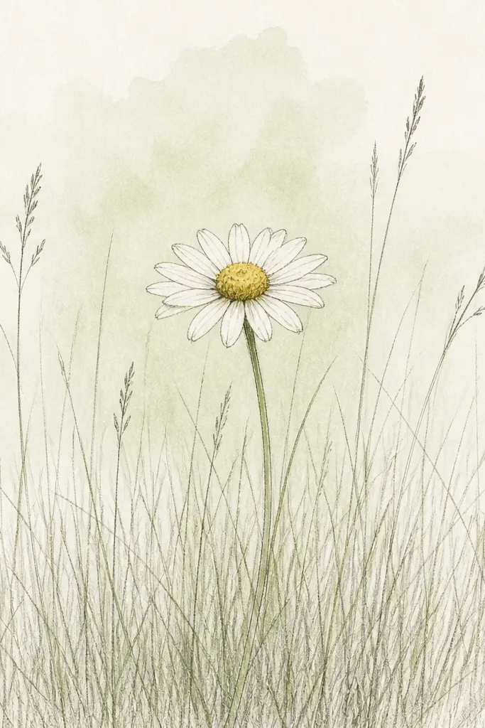 A meadow sketch with many thin grass lines across the bottom half and one daisy head near the center, with pale green shading behind it.