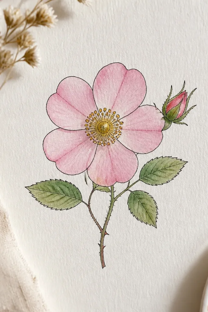 A small wild rose with five rounded petals, each outlined in pen, with one clear fold line inside petals and pale pink watercolor.