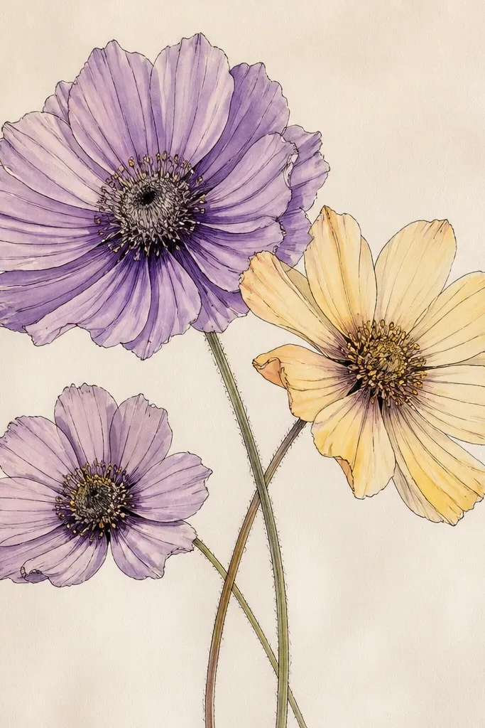Three overlapping wildflower heads in different sizes, with stems crossing lightly and petals outlined in pen, colored in muted purples and yellows.