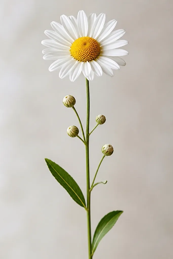 A long stem with one open daisy head and several smaller bud shapes below it, like tiny circles with petal hints, plus two leaves.