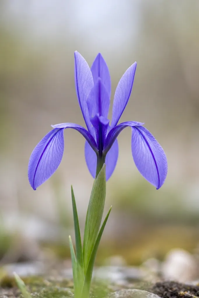 A small iris flower with three drooping petals and three upright petals, drawn in pen with a single dark vein line on each petal.