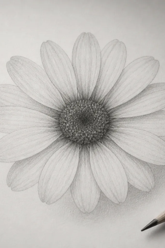 A daisy drawn in pencil only, with soft graphite shading at the petal bases and a darker center, no pen outline.