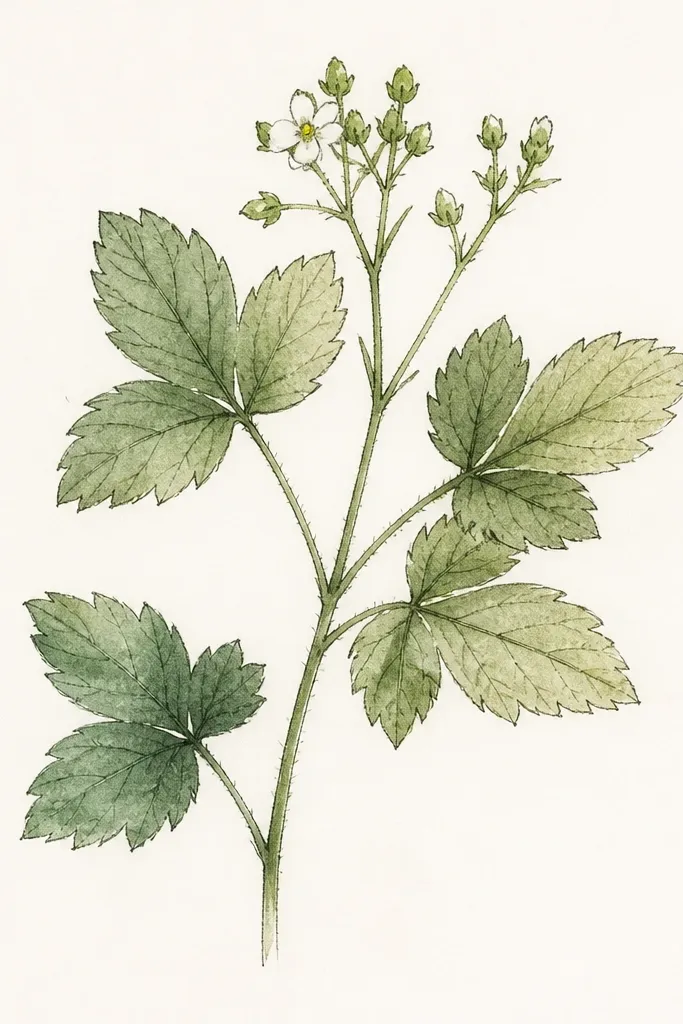 A sketch of a leafy stem with three-lobed leaves and tiny bud tips at the top, with green tones and a small flower dot.