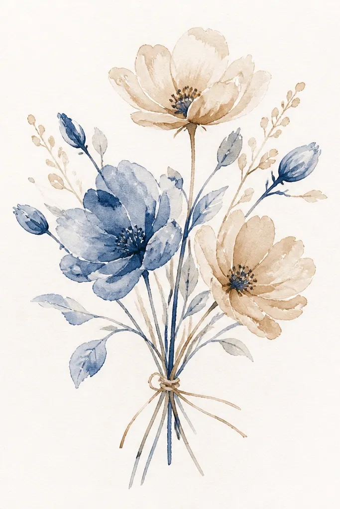 A small bouquet sketch with three flowers and several buds, all colored using only two watercolor tones, with stems tied by overlapping lines.