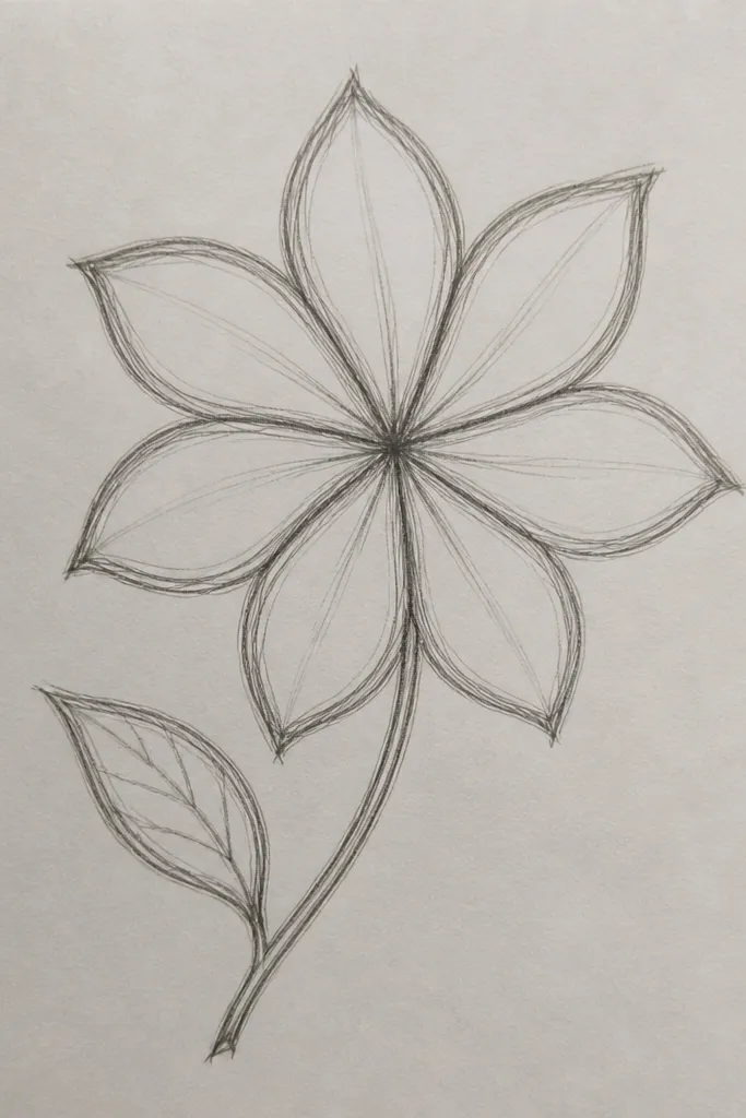 A long, thin branch line curves from bottom left to upper right with seven blossoms spaced along it. Each blossom has 5 narrow petals drawn as clean teardrops, and the center is a tiny dot. The branch line is visibly thicker than the petals.