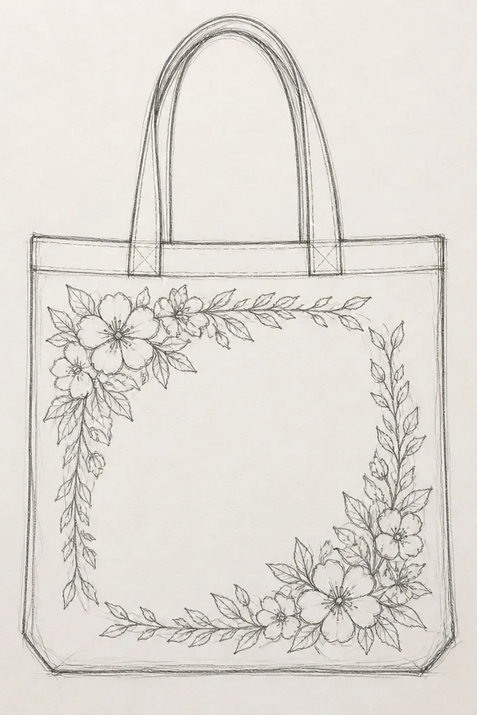 A square frame drawn near the corners of the image, with cherry blossoms clustered in the top left and bottom right corners. The branch lines form a loose rectangle border, and petals are drawn as short, curved lines rather than full teardrops.