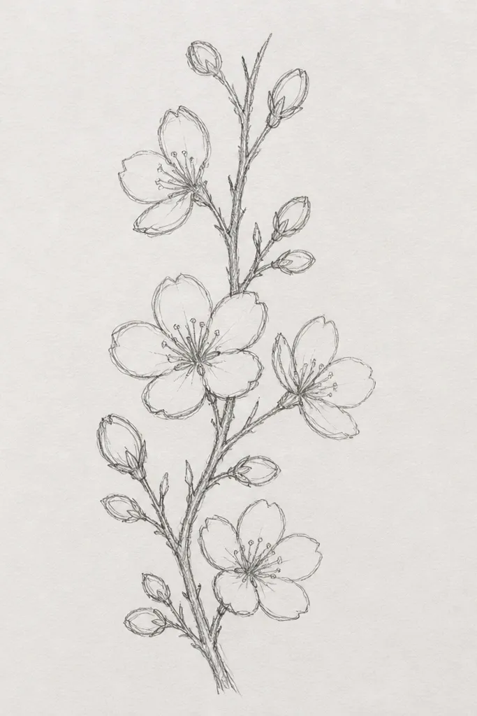 A horizontal border strip across the image with repeated blossoms, alternating left and right. The branch line runs like a ribbon, and each blossom is a small 5-petal star with a dot center. There are tiny leaf lines between clusters.