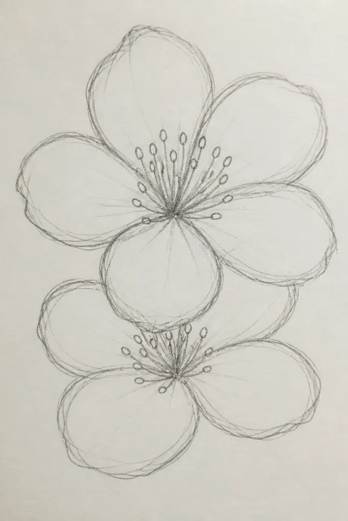 A cluster of cherry blossoms where each flower overlaps slightly with the one next to it. Some petals are drawn in front with clear outlines, while others are partially hidden behind, showing depth through line placement.