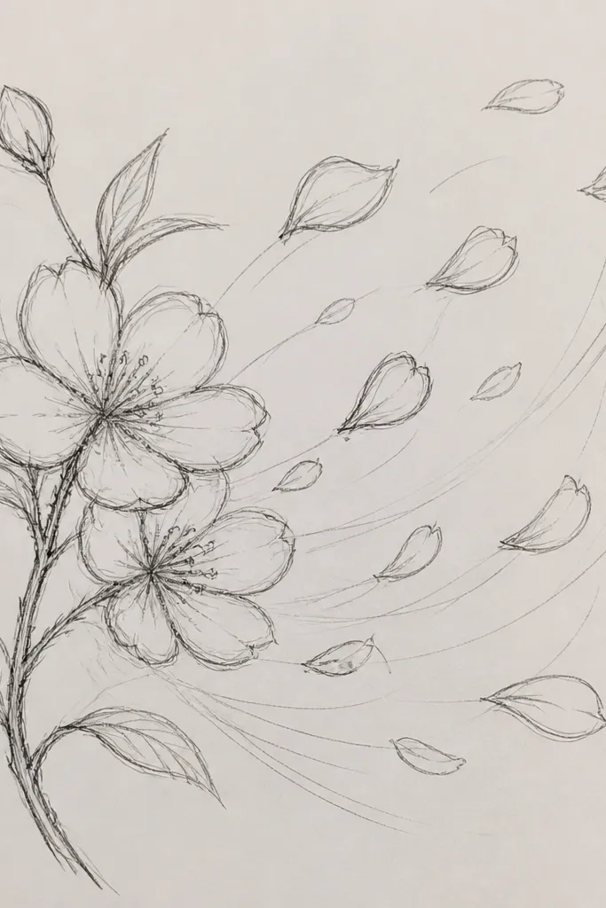 Cherry blossoms drawn in a diagonal wind direction. Petals are elongated teardrops, and there are light curved lines that trail from the blossoms like motion. The branch line is minimal, just a few strokes anchoring the cluster.