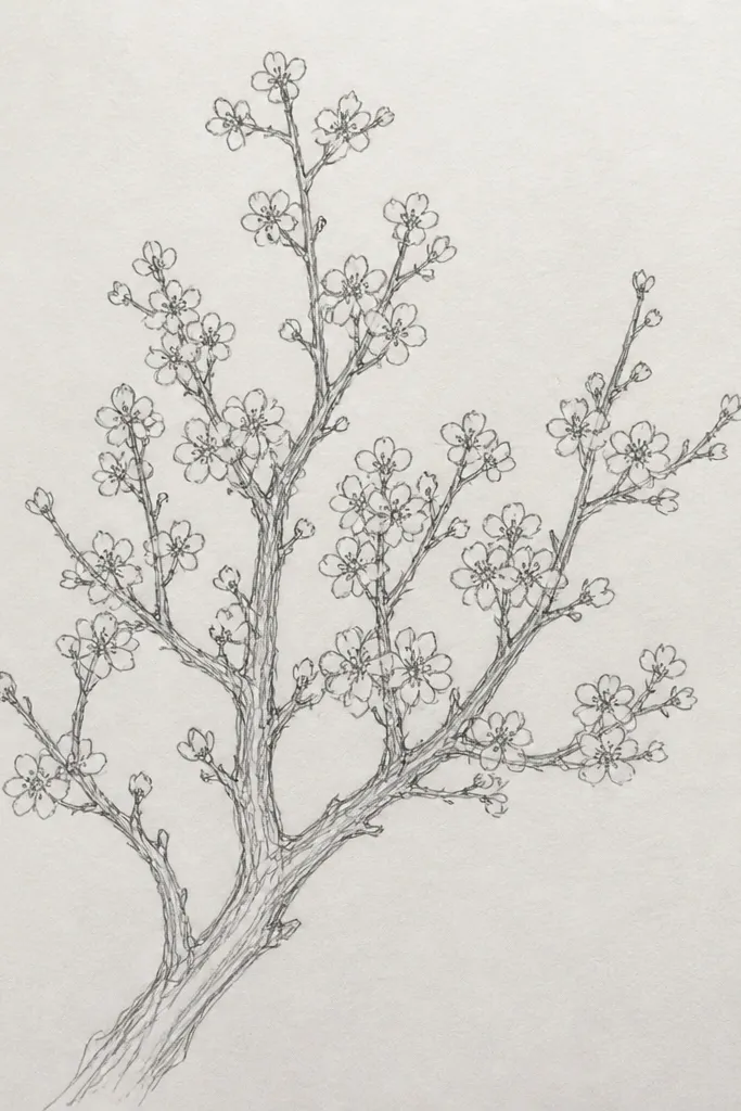 A thick, confident branch drawn with strong lines, with many tiny blossoms scattered along it. Each micro blossom has five very small petals and a dot center. The blossoms are much smaller than the branch thickness.