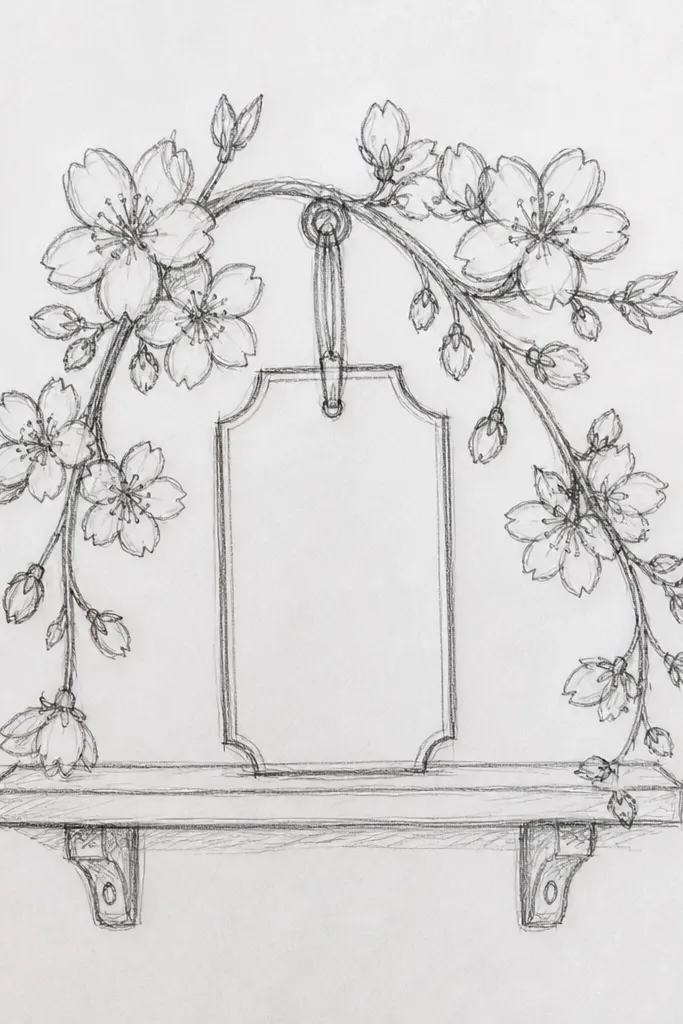 A garland made from two hanging branch lines that meet in the middle. Blossoms hang like a chain, with small leaf marks and a few buds drawn as short ovals.