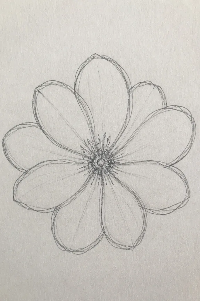 A cluster of cherry blossoms drawn as just petals and centers, with no visible branch line. Petals overlap in a tight group, and centers are small dots. The background is clean white.