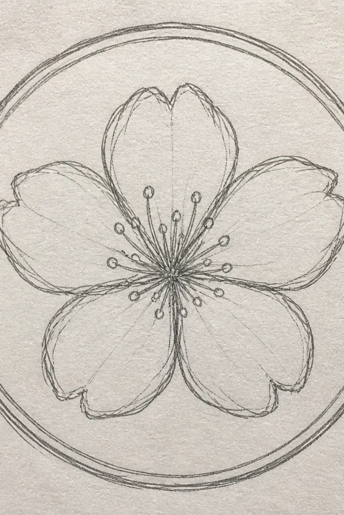 A circular frame like a postage stamp, with cherry blossoms inside. The blossoms are arranged in a ring, and the branch lines are simplified into curved arcs. The circle outline is bold.