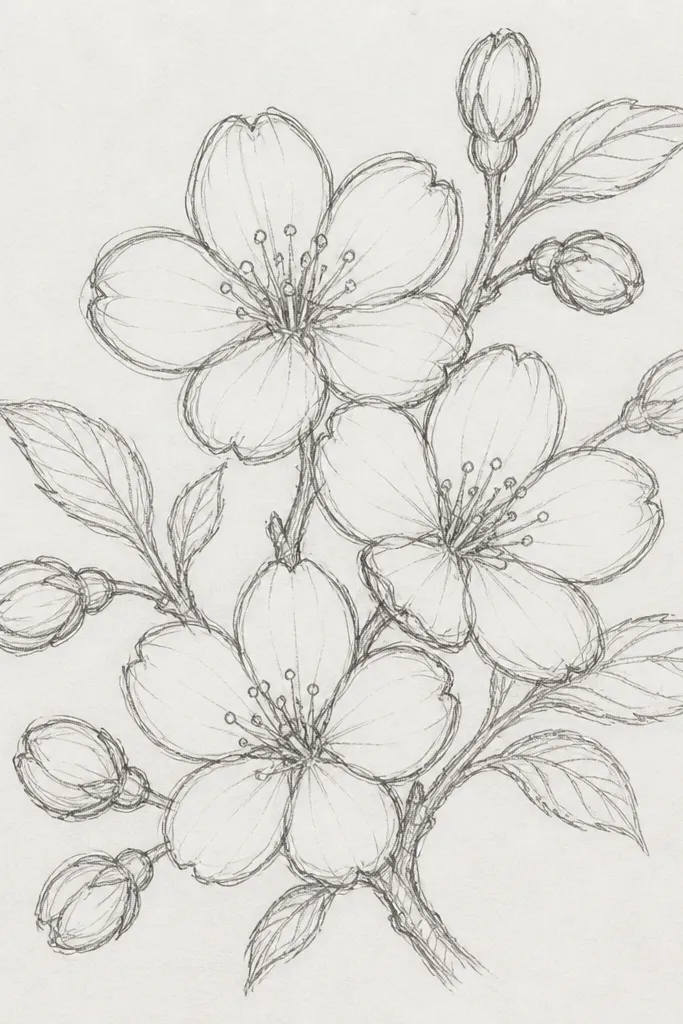 A branch with a mix of open blossoms, closed buds, and small leaf shapes. The buds are short ovals, and the leaves are simple curved lines with a center vein. The blossoms are five-petal with dot centers.