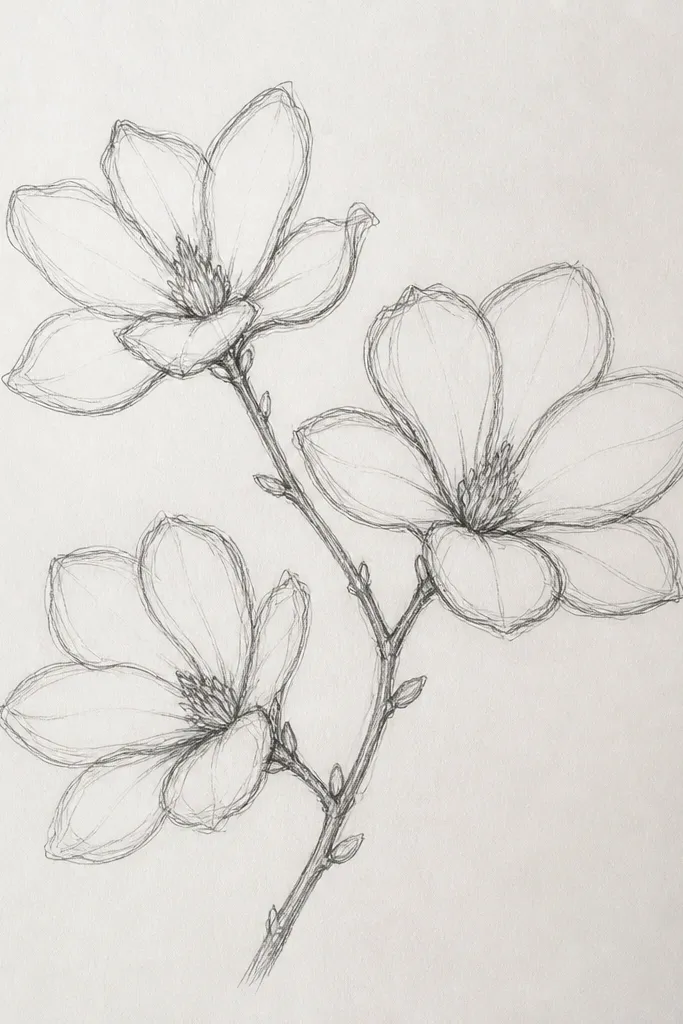 A thin, minimal branch with three large blossoms spaced out. Each blossom has wider, rounded petals compared to the small ones, and the center is a tiny circle. There are almost no leaves.