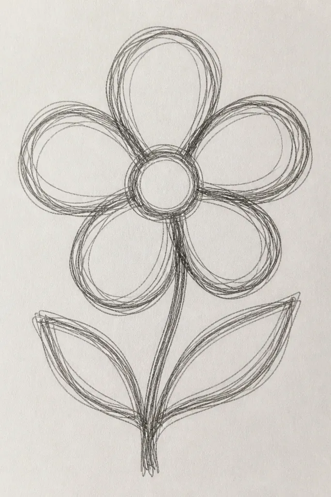 Cherry blossoms drawn with quick scribble lines for petals. Each blossom looks like a soft star, with overlapping strokes and a dot center. The branch is drawn with a single continuous line.