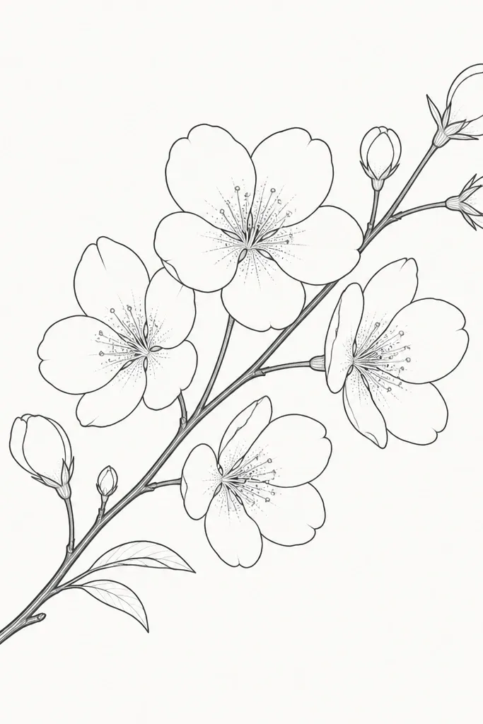 A branch line with blossoms, where the petals have small dotted texture in the center area. The dots are lighter than the outlines, and the rest is clean line art.