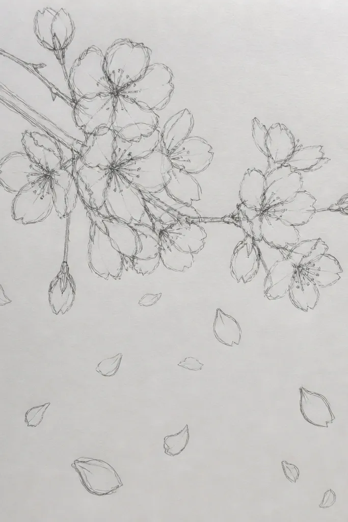 Cherry blossom petals and partial blossoms scattered across the page like falling confetti. Some petals are drawn alone, while others are complete 5-petal blooms with dot centers. The branch is absent.