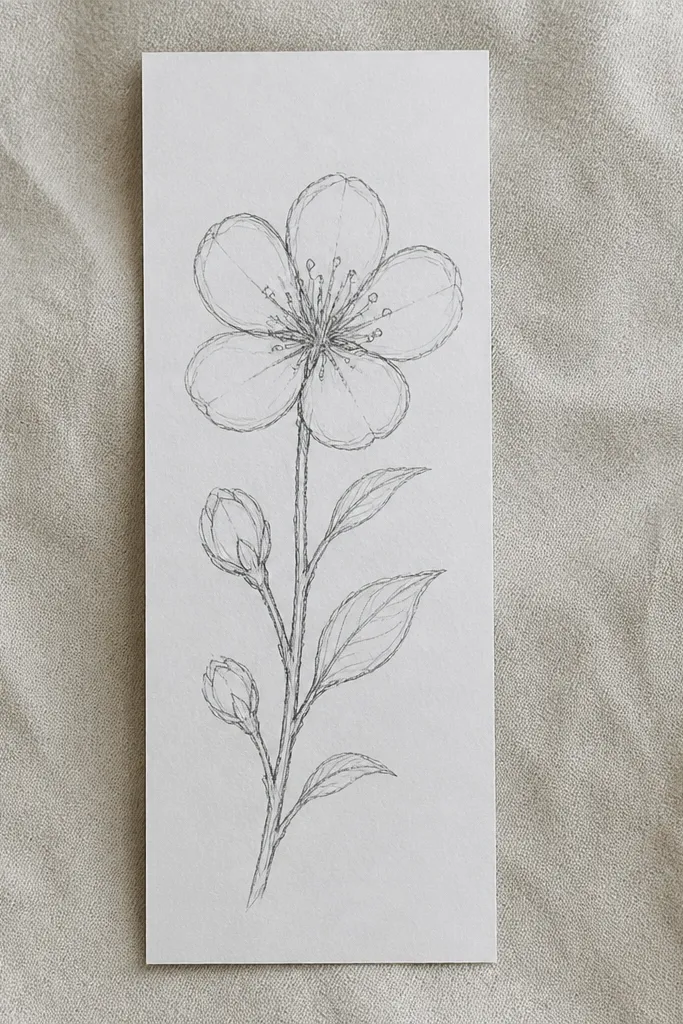 A vertical bookmark with a branch running upward. Blossoms are stacked along the branch in staggered positions, with small leaf marks. The top has one larger blossom and the bottom has two smaller ones.