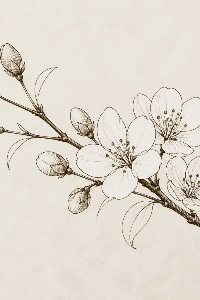 A branch with open blossoms and closed buds. The buds have light cross-hatching inside them, while the open petals stay clean outlines. Leaves are simple curved marks.