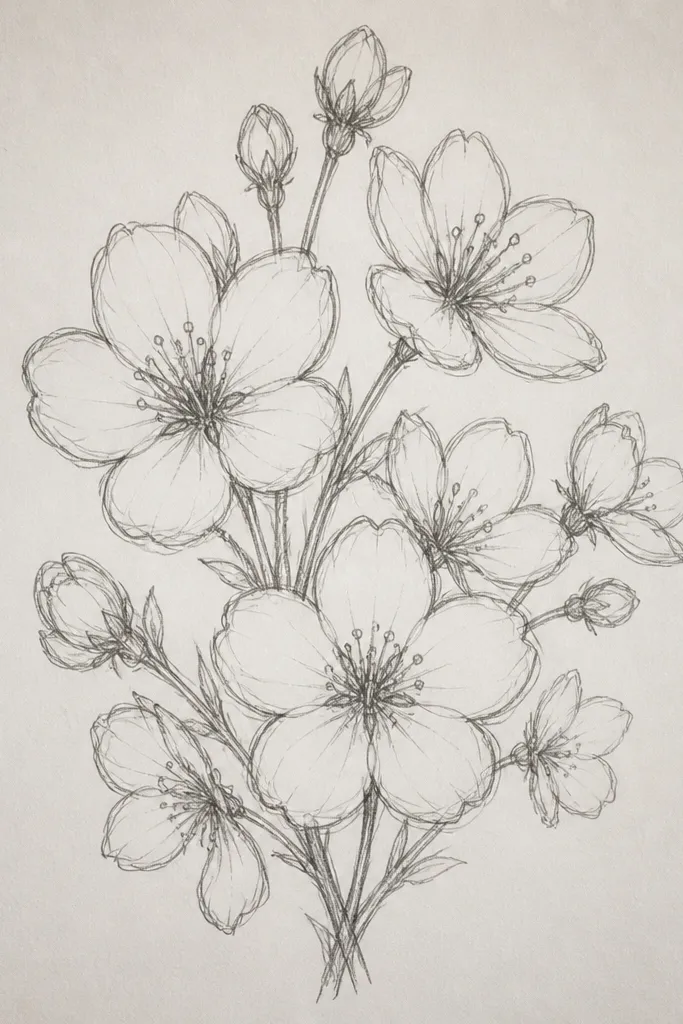 A bouquet-like cluster of many cherry blossoms with different sizes. Some blossoms are partially hidden behind others, and a few petals extend outward like a soft fan. The centers are small dots.