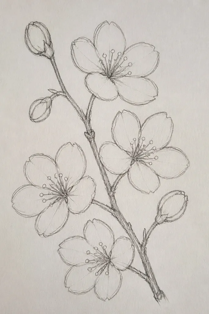 Cherry blossoms along a branch where each center is drawn as a tiny bead shape, not a dot. The beads have a small highlight line, and petals are clean teardrops with thin outlines.