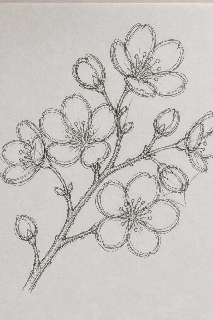 A branch with blossoms where each petal has an outline and an inner line, creating a double-line effect. Petals look like narrow ribbons. The branch is single-lined and thicker.