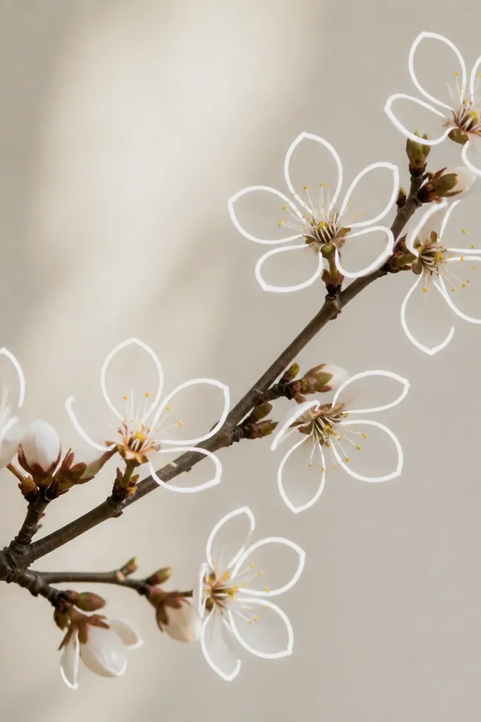 A branch with blossoms where petals are drawn as outlines but the inside is left blank, forming clear negative-space shapes. The petals are spaced so each one has a distinct white interior.