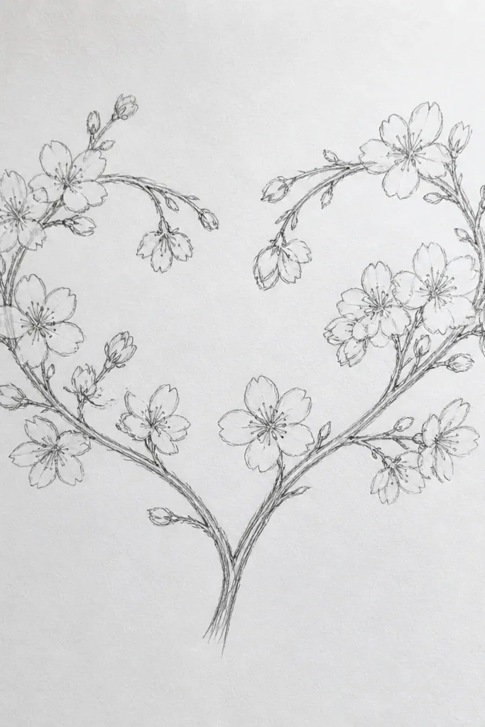 A branch curve shaped like the top of a heart, with blossoms arranged along the curve. The ends of the branch dip slightly as if forming the lower heart points. Petals are teardrops with dot centers.