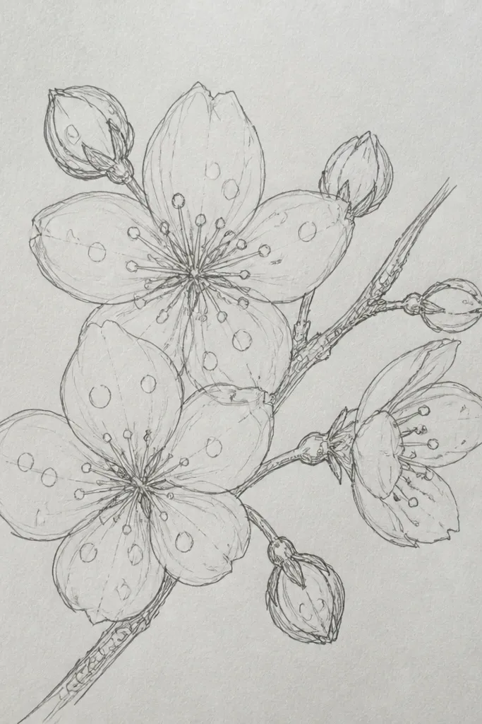 A branch with blossoms where each petal is drawn as a raindrop shape with a small point at the bottom. There are also a few tiny raindrop marks around the blossoms, like light drizzle.