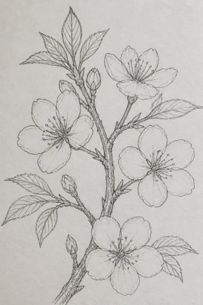 A branch with blossoms and small leaves. Each leaf has a clear center vein line and a few short side vein marks. Blossoms are simple five-petal teardrops with dot centers.