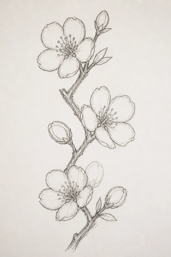 A vertical zigzag branch line with blossoms attached at the bends. Each blossom is a simple five-petal teardrop cluster with a dot center. Leaves are minimal, just tiny marks at one side.
