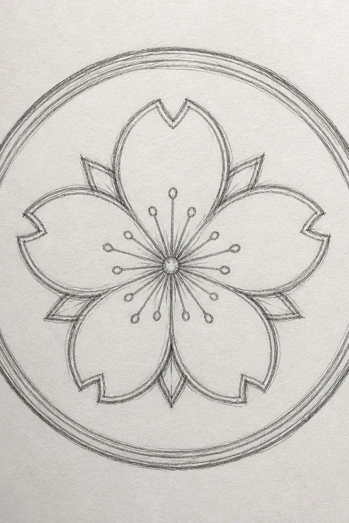 A large circular medallion with blossoms arranged in rings. The outer ring has small blossoms, the middle ring has medium blossoms, and the center has one larger blossom. Lines are crisp and symmetrical.