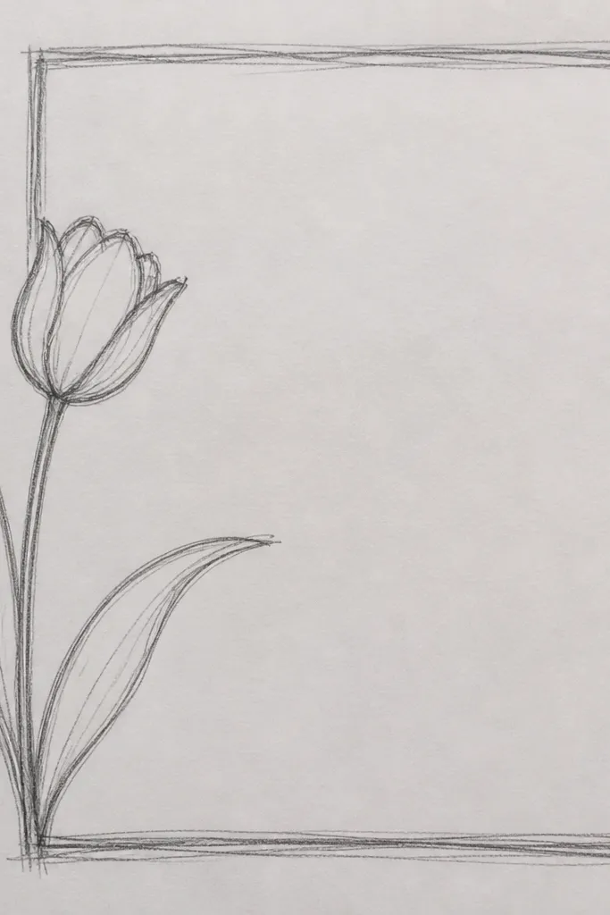 A single tulip in the top-right corner drawn with thin pencil lines. The petals are outlined lightly, the center is a small teardrop, and the stem angles down with two simple leaf lines. No background fill, just a light border line framing the flower area.