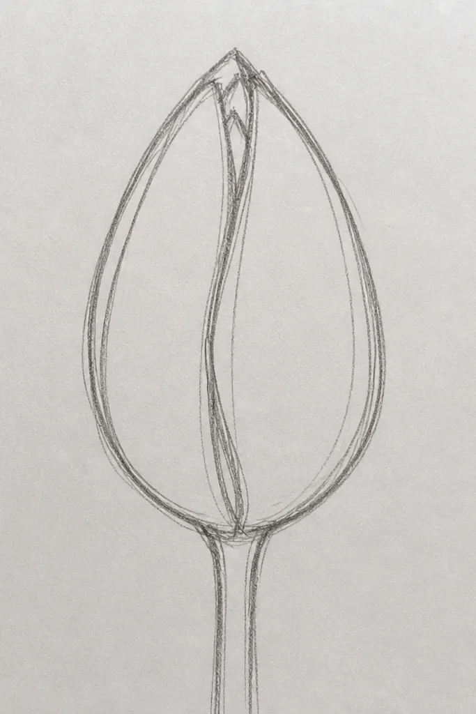 A tulip bud drawn vertically with a narrow, closed bloom. The outer petals are smooth and narrow, and three short curved fold lines point toward the center. The stem is thin with one leaf that looks like a sideways oval.