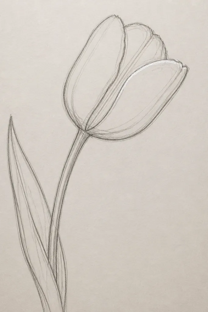 A tulip drawn in profile facing left, with petals layered like a closed cup. One outer edge is drawn darker as a highlight boundary, while the inner petal edges are lighter. The stem curves gently and ends in a small leaf cluster.